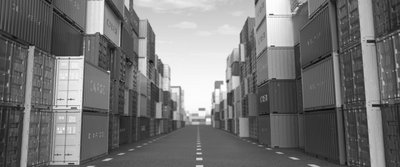 Stapel von Containern, die aufgereiht stehen.